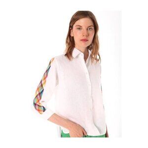 Vilagallo White  Sara Linen 3/4 Sleeve Shirt W Multicolor Embroidered Sleeves  S